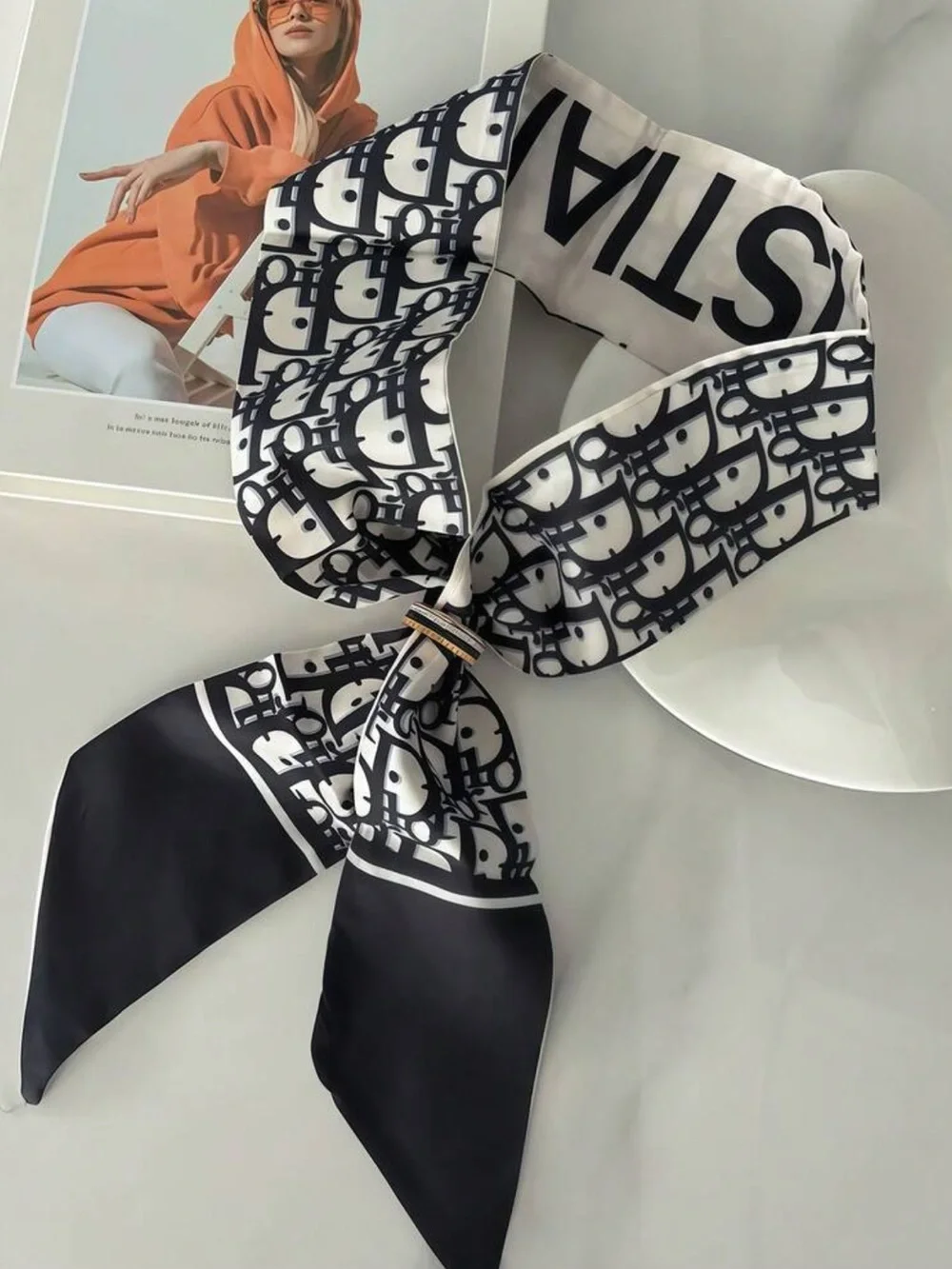 Navy Designer-Inspired Navy & White Logo Print Silk Scarf